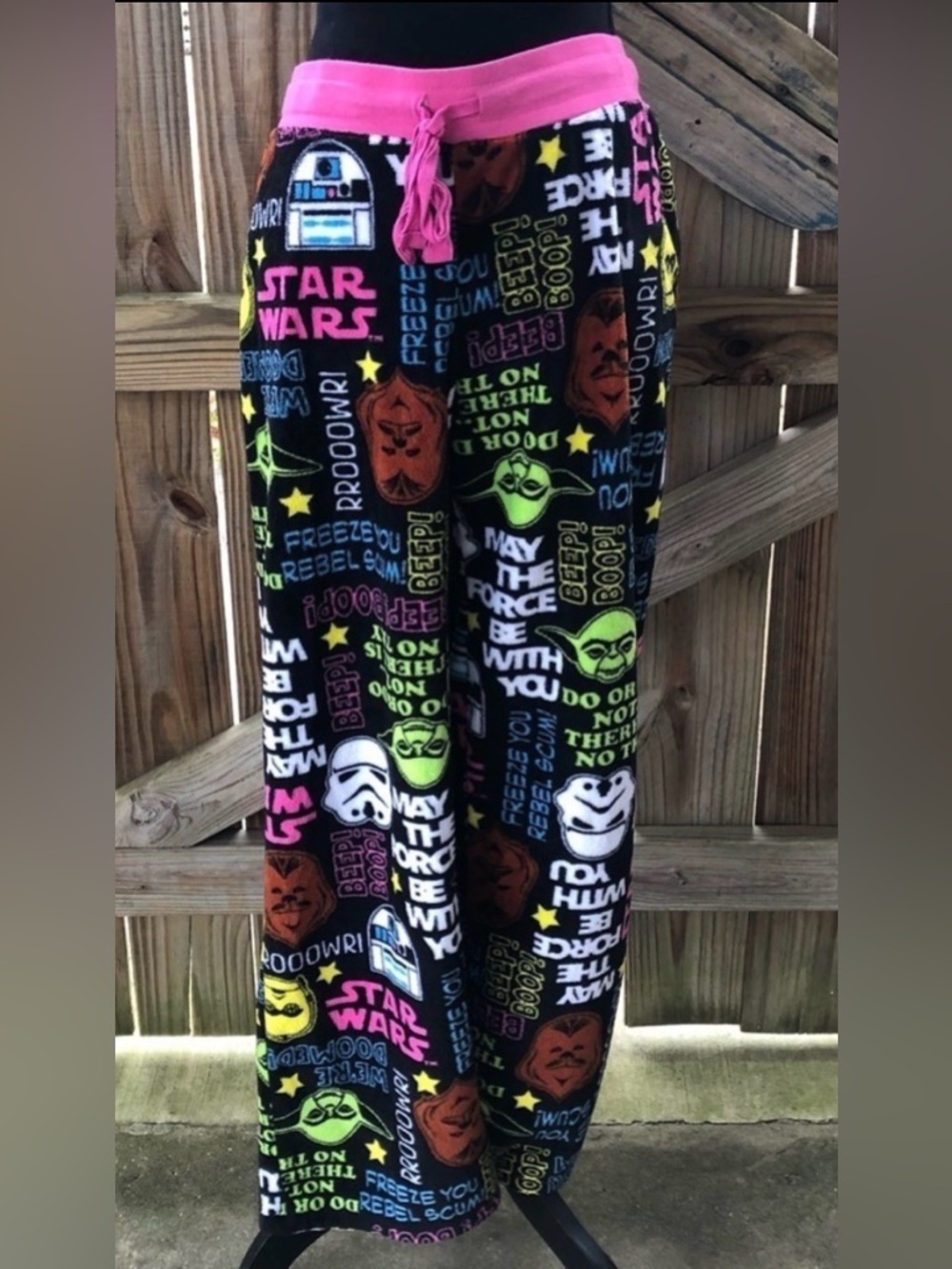 Star Wars Black Plush Drawstring Pajama Pants w/C3PO, R2D2, Yoda, Storm Trooper